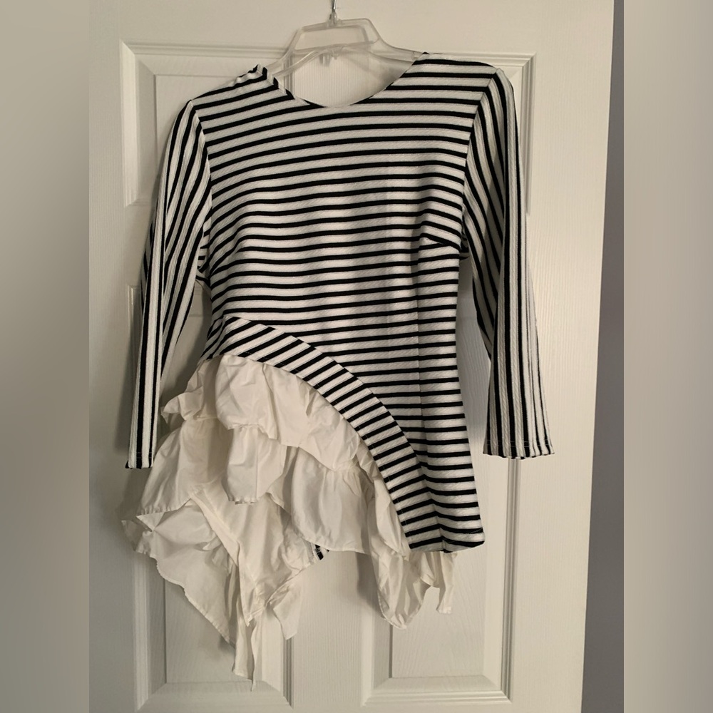 Black and white stripe with silver accents - side ruffle and zipper back!